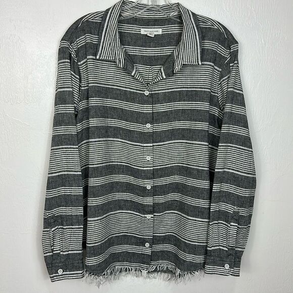 Beachlunchlounge White Gray Striped Frayed Hem Button Down Shirt Size XL - Picture 1 of 7
